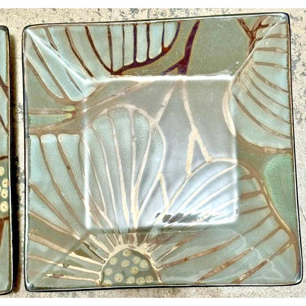 Pier 1 Imports Stoneware Plates – Set of 3 – Square Floral Pattern – Gray Green